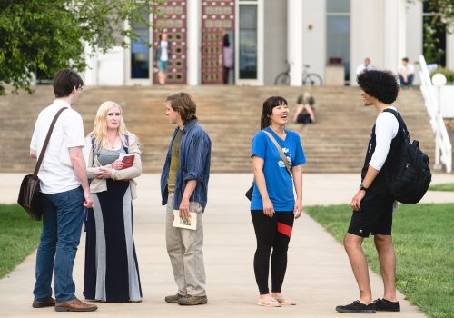 Group of students standing in front of Ramsey Library